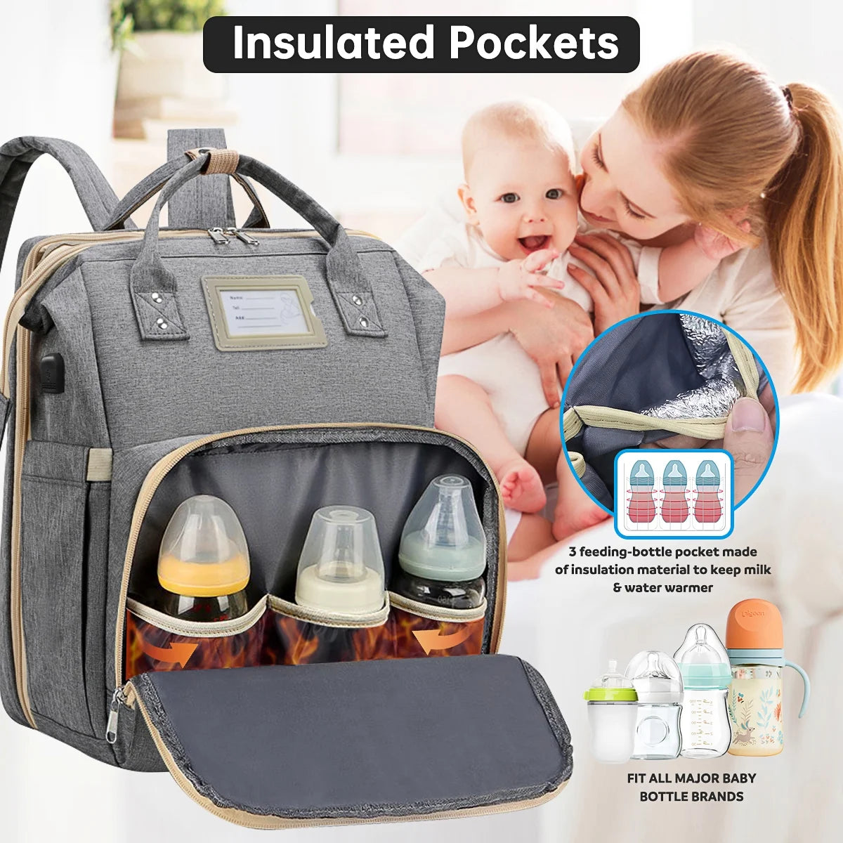 Diaper Bag Backpack, Multifunctional Baby Changing Bag with Foldable Crib & Insulated Milk Bottle Pocket, Large Capacity Travel Backpack with USB Charging Port & Stroller Strap (Gray)
