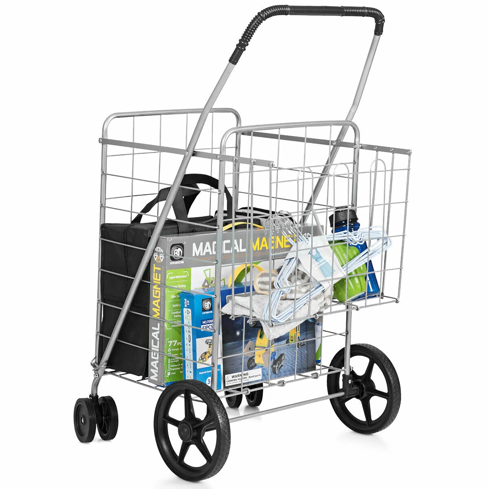 Utility Shopping Cart Foldable Jumbo Basket Outdoor Grocery Laundry Silver