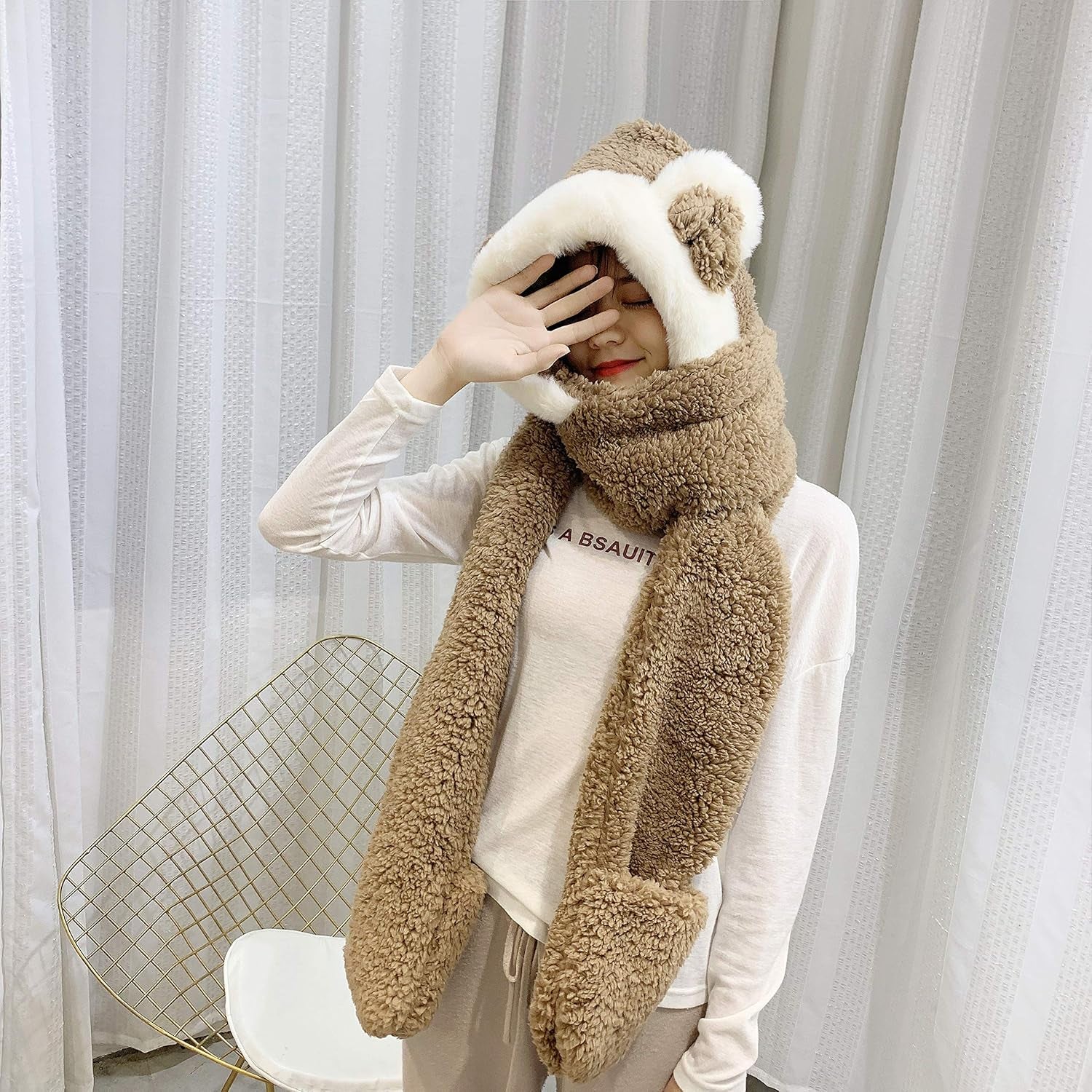 Womens Cute Winter Thick Warm Long Hooded Scarf with Mittens