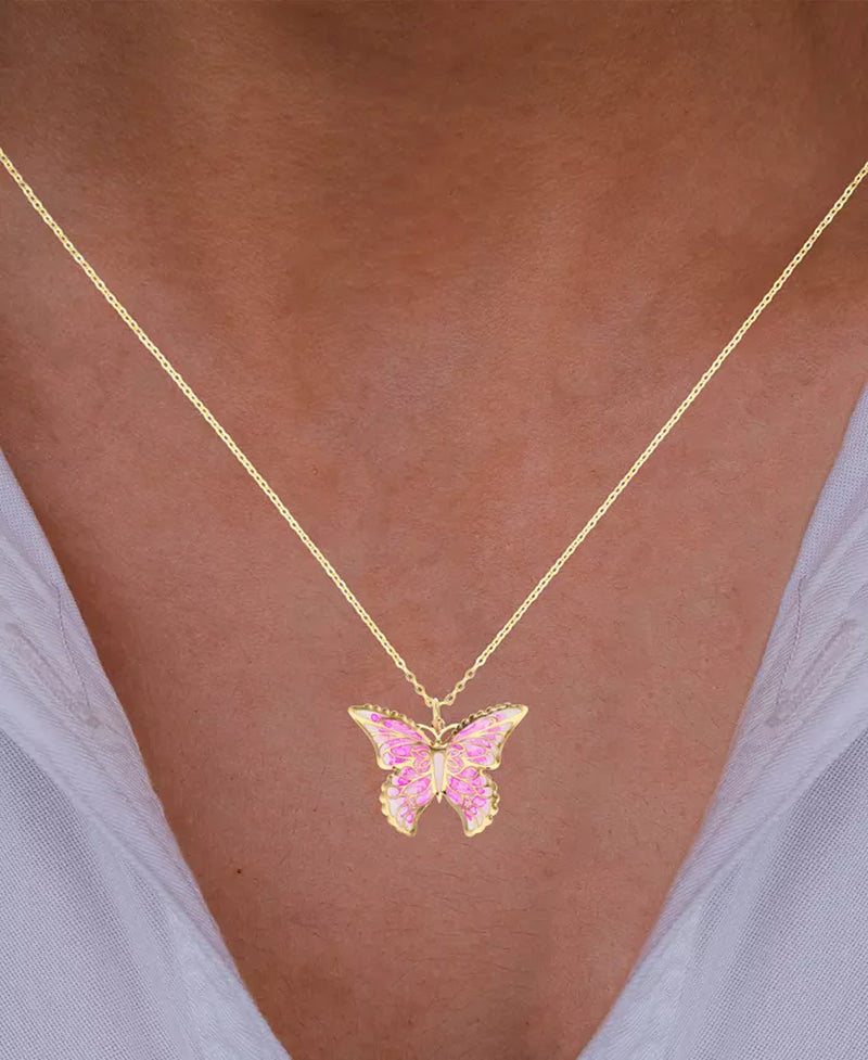 Enamel Ombrã© Butterfly 18" Pendant Necklace in 14K Gold