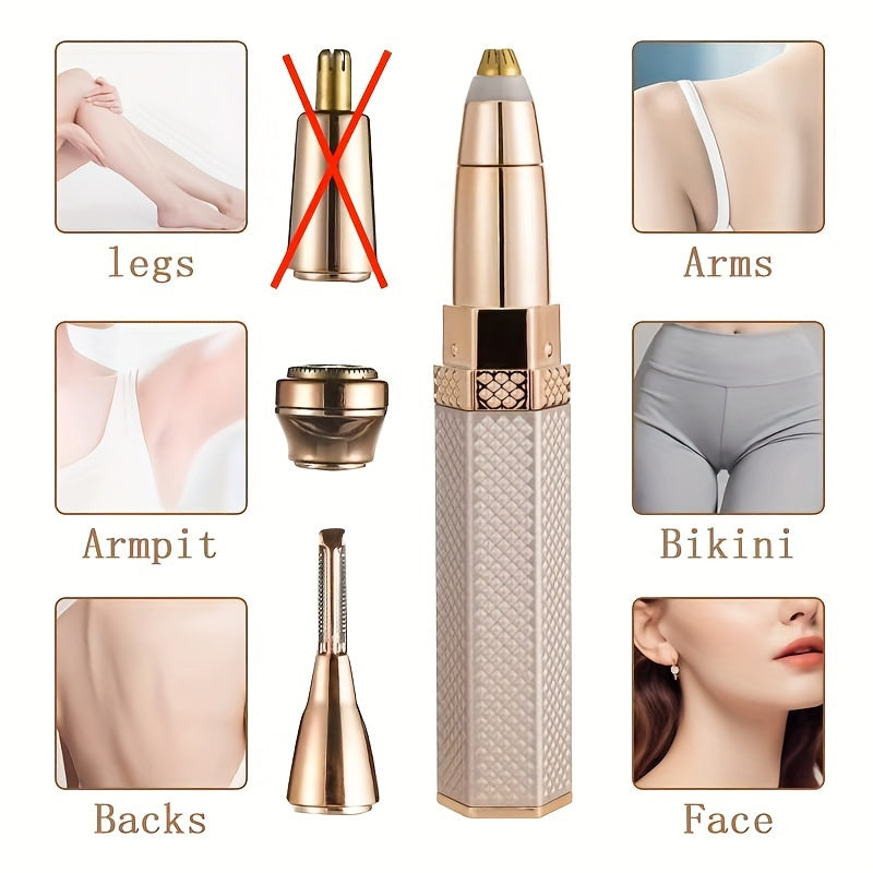 Four-in-one Multifunctional Women's Shaver - Gentle and Efficient, Includes Facial, Body, Eyebrow and Nose Hair Trimmers, Lipstick-shaped Portable Shaver, Rechargeable Shaver, 3/4 Replaceable Shaver Heads, Efficient and Easy