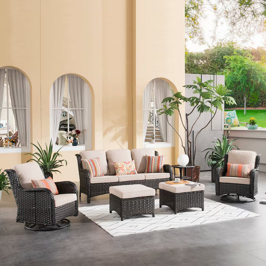 6 -Piece Rattan Patio Sofa Conversation Set with Beige Cushions
