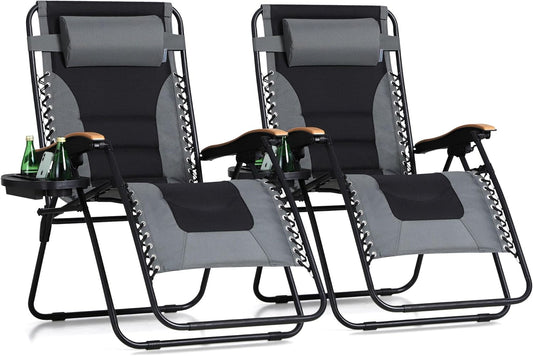 Zero Gravity Chairs Set of 2, XL Oversized Outdoor anti Gravity Chair, Patio Lounge Folding Adjustable Chair with Cup Holder & Padded Headrest, Support 400Lbs,Grey