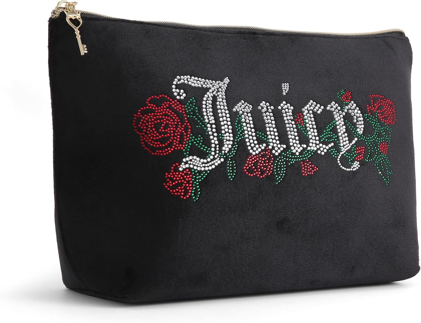 Black Makeup Bag Cosmetics Organizer Travel Essentials Top Zip Pouch Velour Rhinestone Roses