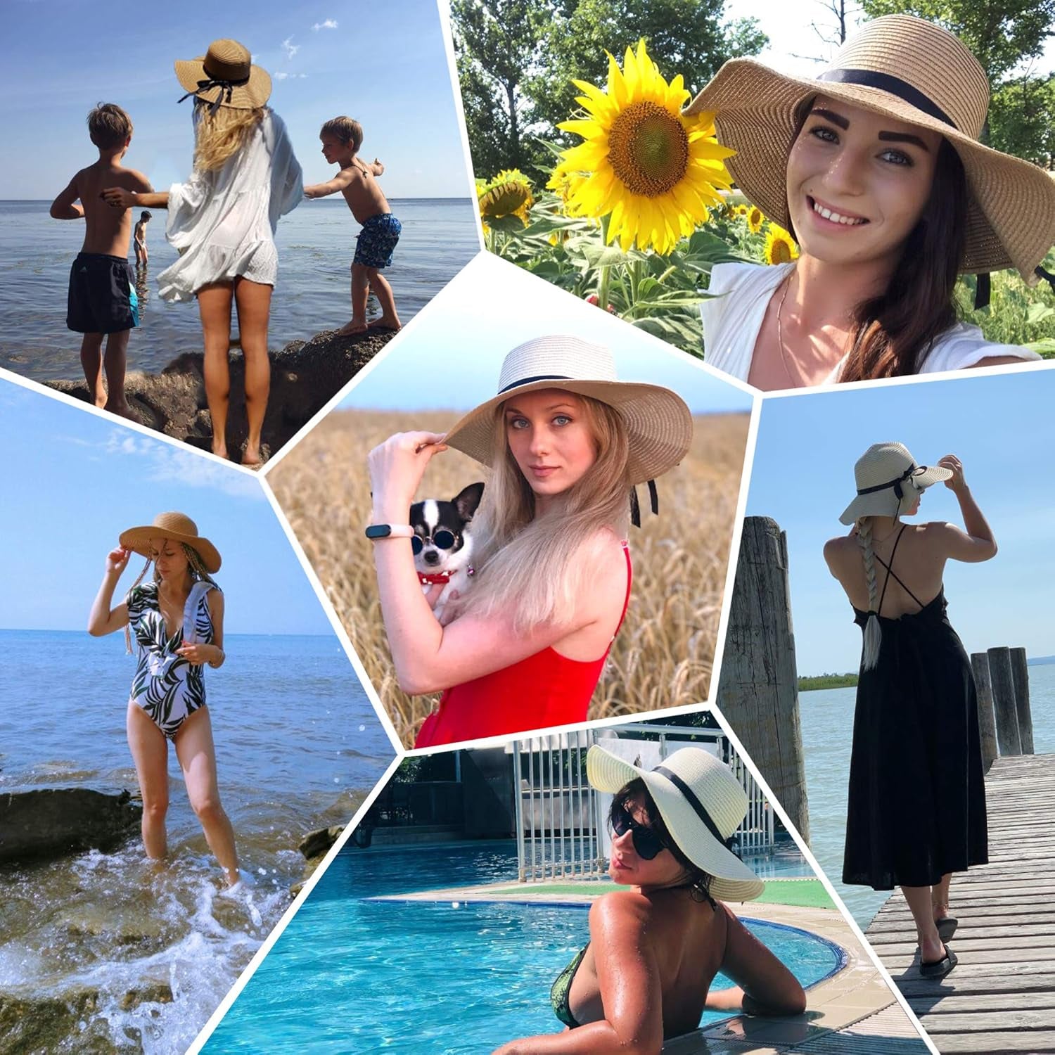 Womens Wide Brim Straw Sun Hat Floppy Foldable Roll up Cap UPF 50+ Summer Beach Hats