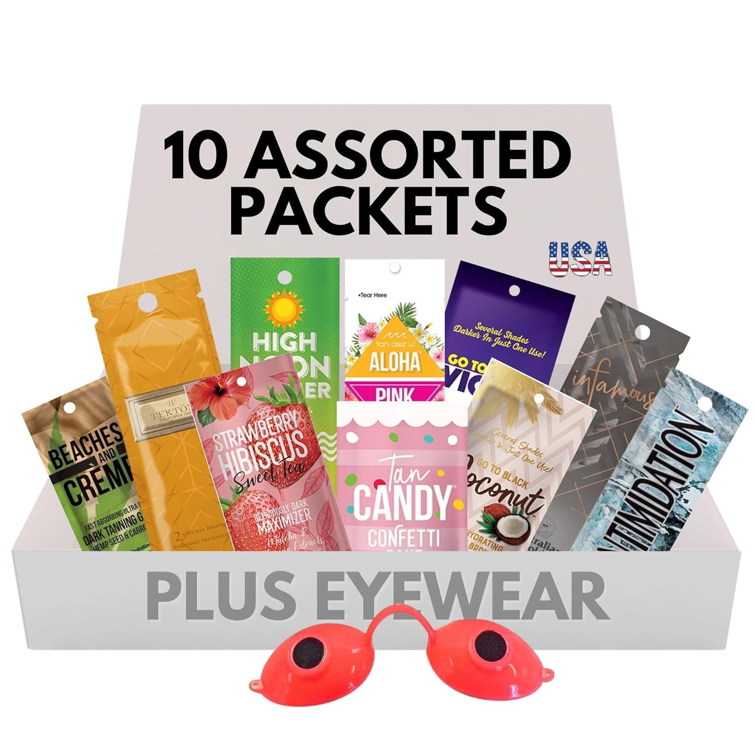 10 Pack of Tanning Bed Lotion Packets + Eyewear – [The Tan Packet Box], Best Accelerating Lotion for Tanning Indoor or Outdoor, Sun Tan Cream, Dark Accelerator (0.5 Oz Each Sachet)