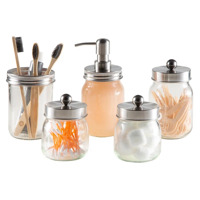 Mason Jar 5-Piece Bathroom Set with Toothbrush Holder, Soap Dispenser, Canister, & 2 Small Jars