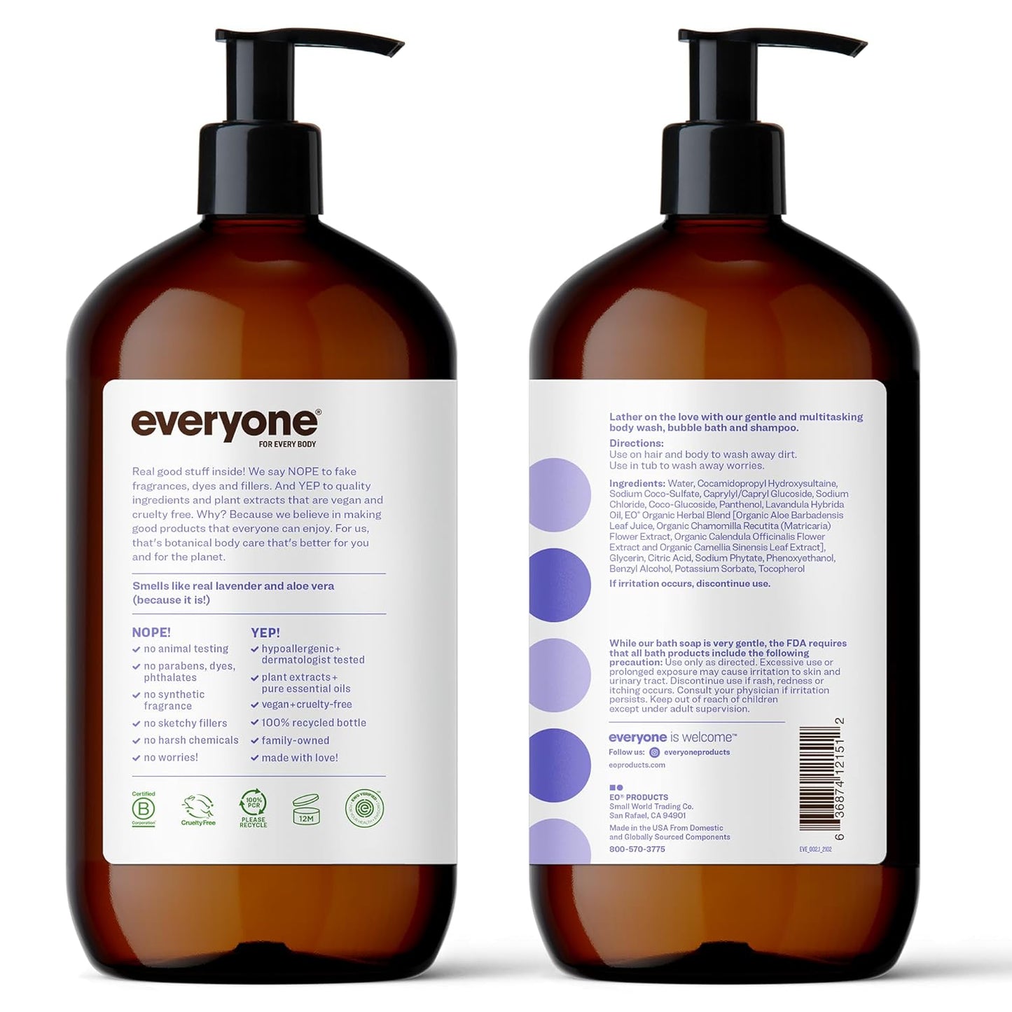 3-In-1 Soap, Body Wash, Bubble Bath, Shampoo, 32 Ounce (Pack of 2), Lavender and Aloe, Made with Essential Oils for Men and Women