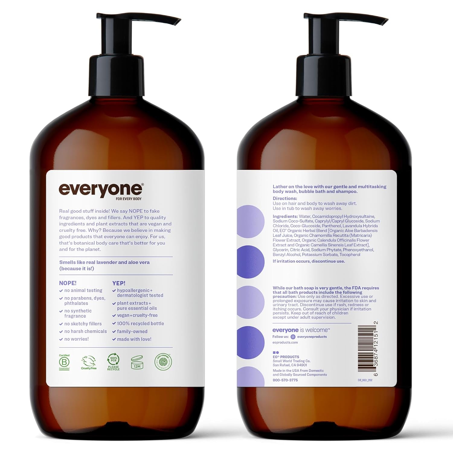 3-In-1 Soap, Body Wash, Bubble Bath, Shampoo, 32 Ounce (Pack of 2), Lavender and Aloe, Made with Essential Oils for Men and Women