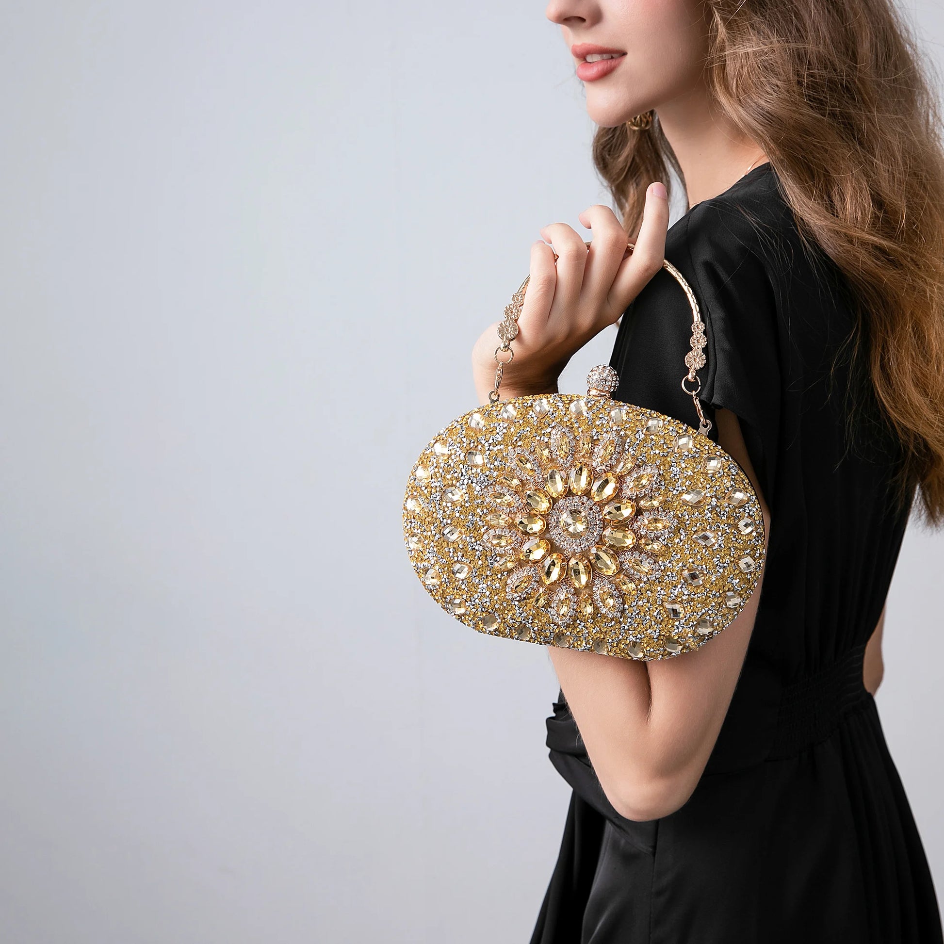 Evening Bag Clutch Purses for Women Ladies Sparkling Party Handbag Wedding Cocktail Prom Bag Sunflower Shape, Gold