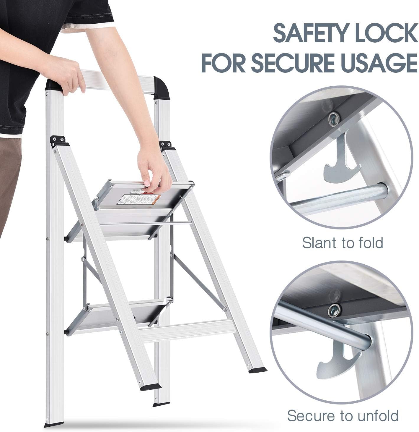 Step Ladder 2 Steps, Step Ladder, Non-Slip Household Ladder with Folding Safety,