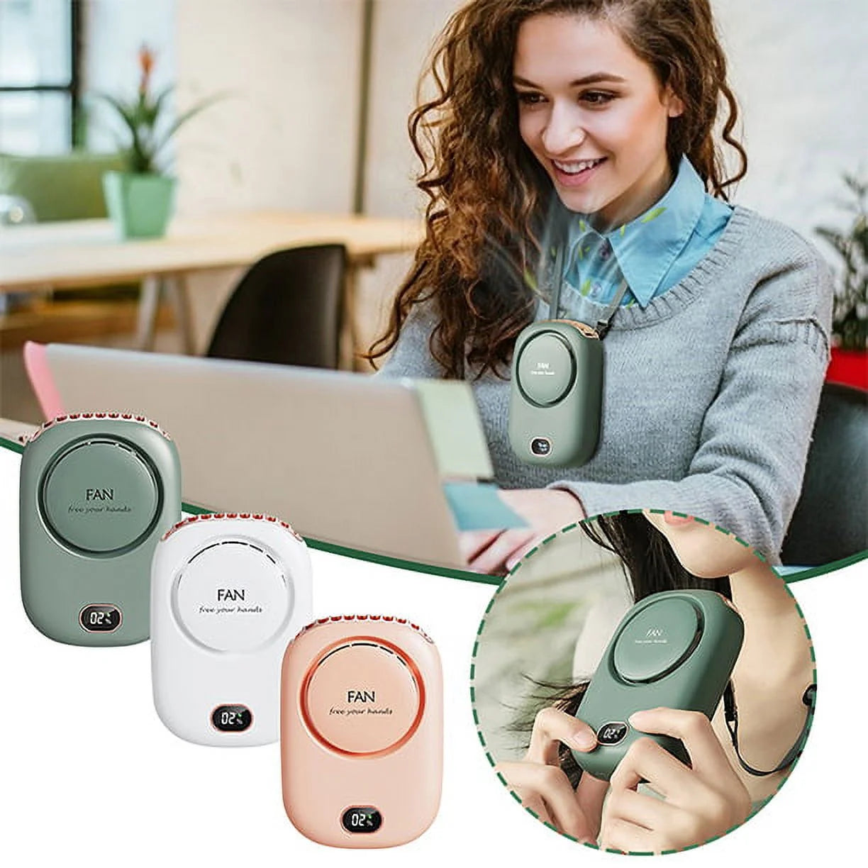 Portable Neck Fan, 3 Speeds, Mini Hanging Neck Fan with Adjustable Lanyard and Bracket, 10 Hrs(Green)