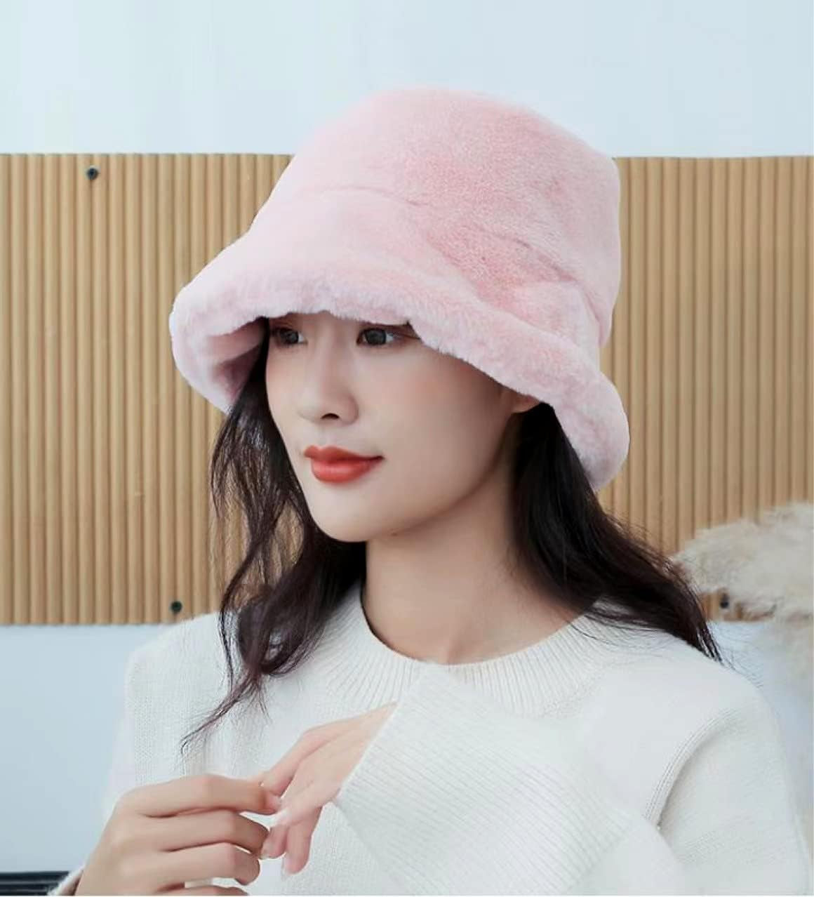 Winter Furry Bucket Hat Warm Fluffy Faux Fur Fuzzy Bucket Hat for Women Fashion Faux Fur Bucket Cap (Pink)