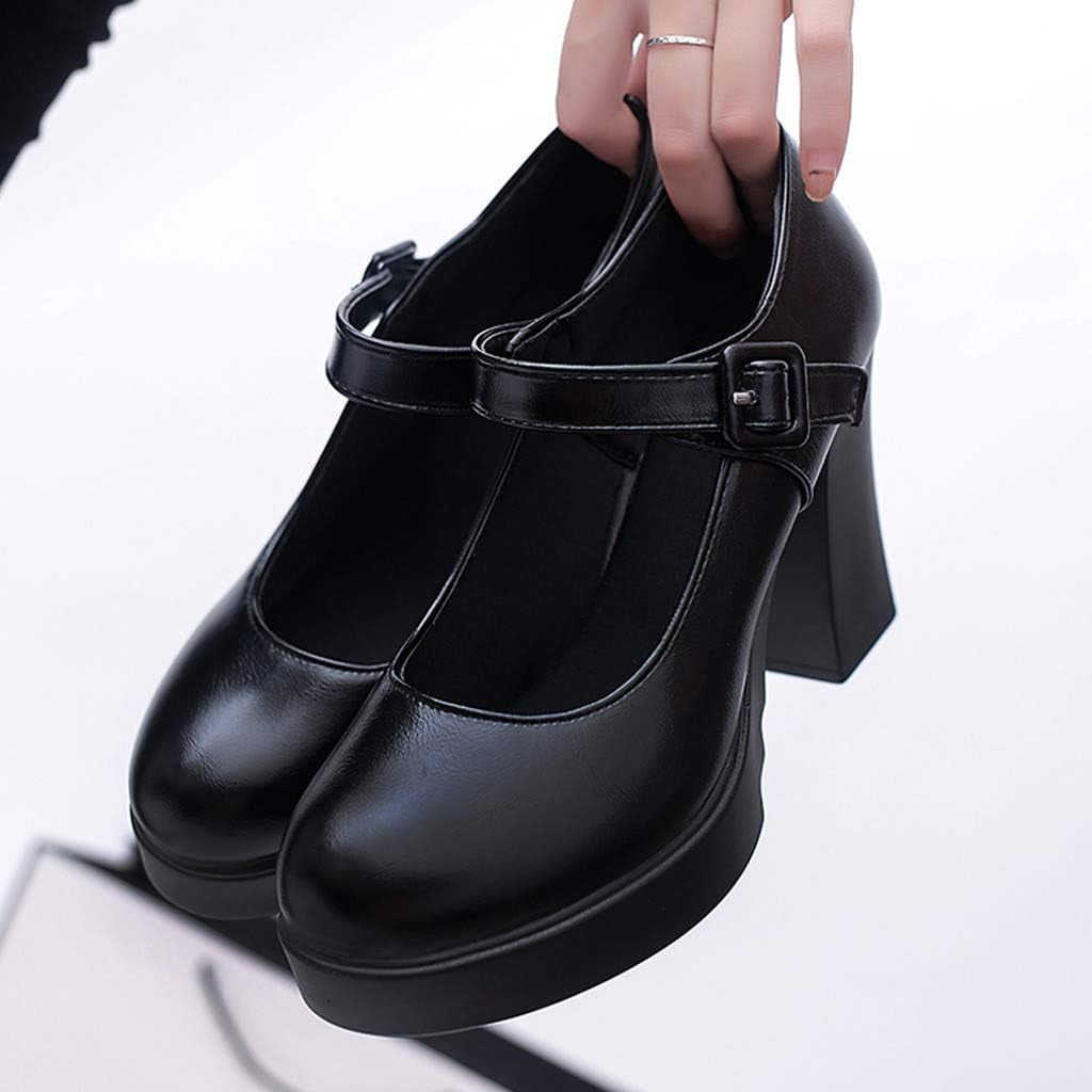 Women Work Shoes Elegant Casual High Heel Thick Heels Platform Ankle Buckle Strap Pumps 5.5 Black