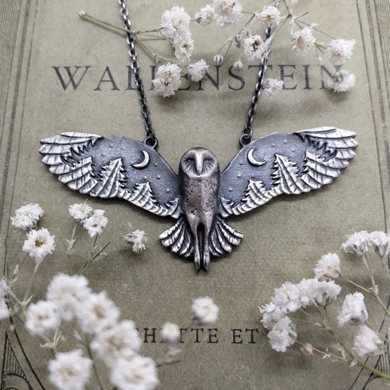 [Vintage Witch Moon Phase Necklace] Vintage Silvery Owl Pendant Necklace Witch Moon Phase Art Necklace Ladies Animal Totem Necklace Jewelry Gift