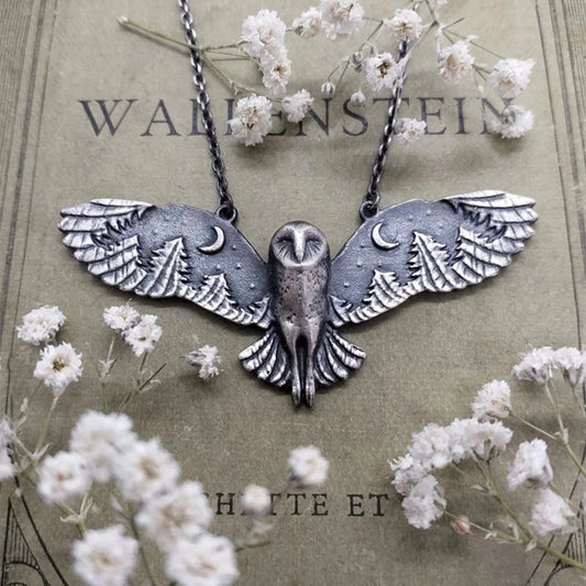 [Vintage Witch Moon Phase Necklace] Vintage Silvery Owl Pendant Necklace Witch Moon Phase Art Necklace Ladies Animal Totem Necklace Jewelry Gift