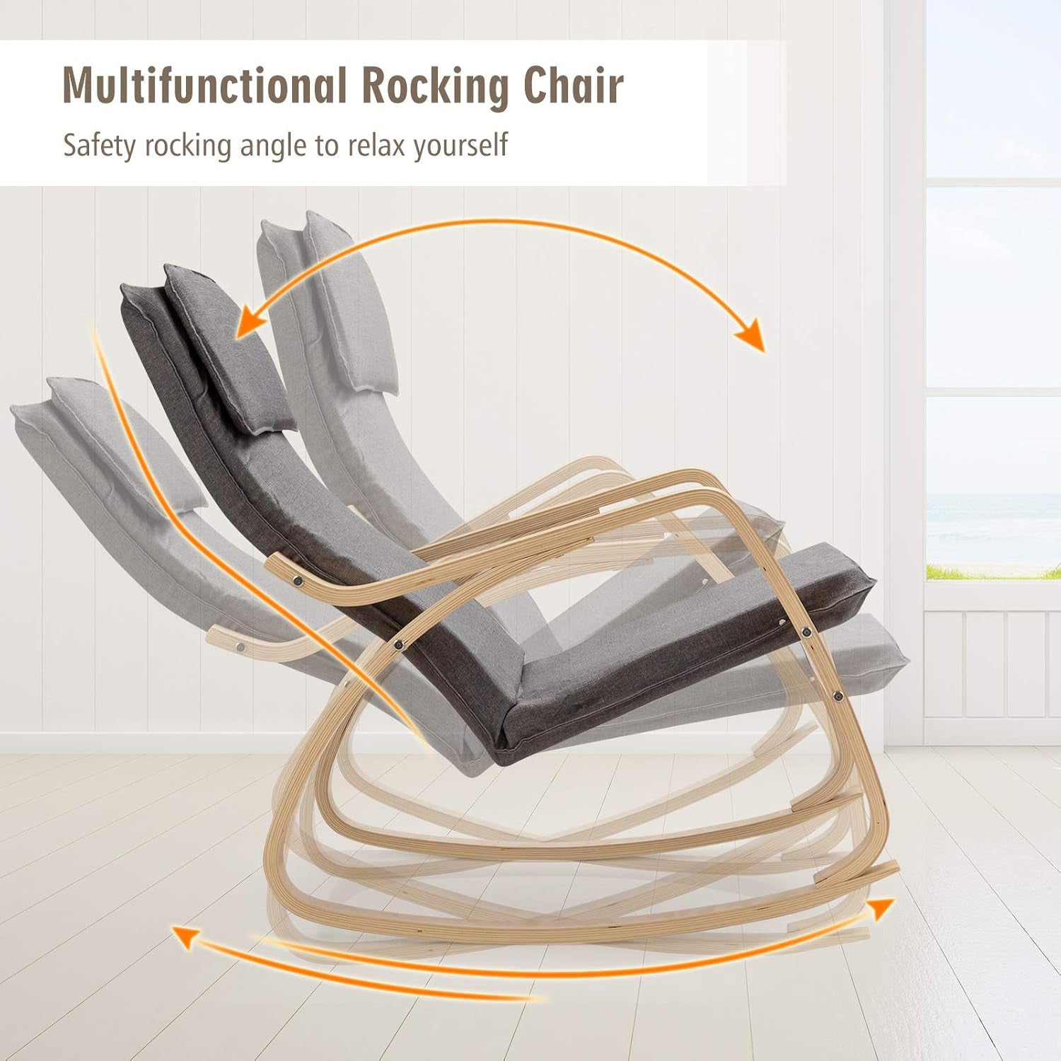 Rocking Chair with Removable Upholstered Cushion, Stable Wooden Frame Relaxing Modern Leisure Armchair Suitable for Living Room, Bedroom, Balcony, Nursery Room Ergonomic Chair (2, Gray)