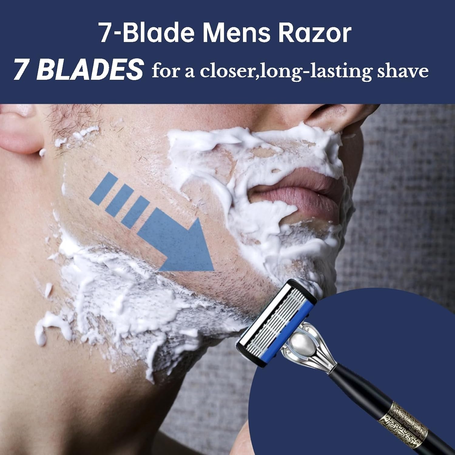 Upgrade 7-Blade Razor for Men, 7 Layers of Razor Blades, 1 Razor Handle + 3 Blade Refills, Dual Lubrication & Precision Trimmer, Lubrastrip for Comfortable Shave