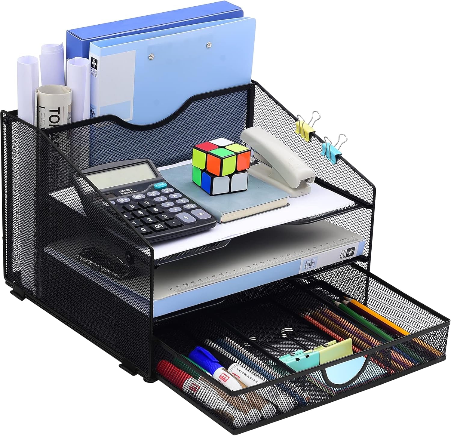 Desk Organzier Mesh Office Supplies Organization with Drawer File Accessories Storage Workspace with 4 Compartments for Women Home Desktop Paper Pen Shelf(12.8 X 12.4 X 9 Inch, Black)