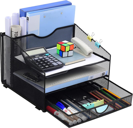 Desk Organzier Mesh Office Supplies Organization with Drawer File Accessories Storage Workspace with 4 Compartments for Women Home Desktop Paper Pen Shelf(12.8 X 12.4 X 9 Inch, Black)