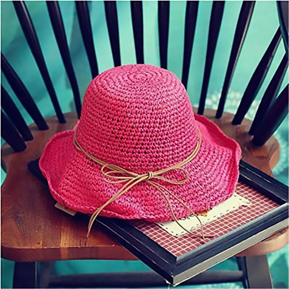 Womens Beach Sun Straw Hat Floppy Straw Sun Hat Travel Foldable Brim Summer Outdoor Sun Visor Hat for Women Girl Summer Outdoor Shade Tied Bow Foldable Hand-Woven,Rose Red