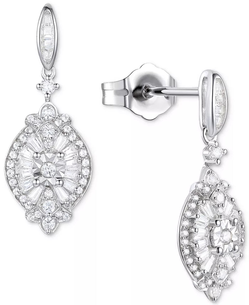 Diamond Baguette & round Cluster Drop Earrings (1/2 Ct. T.W.) in Sterling Silver