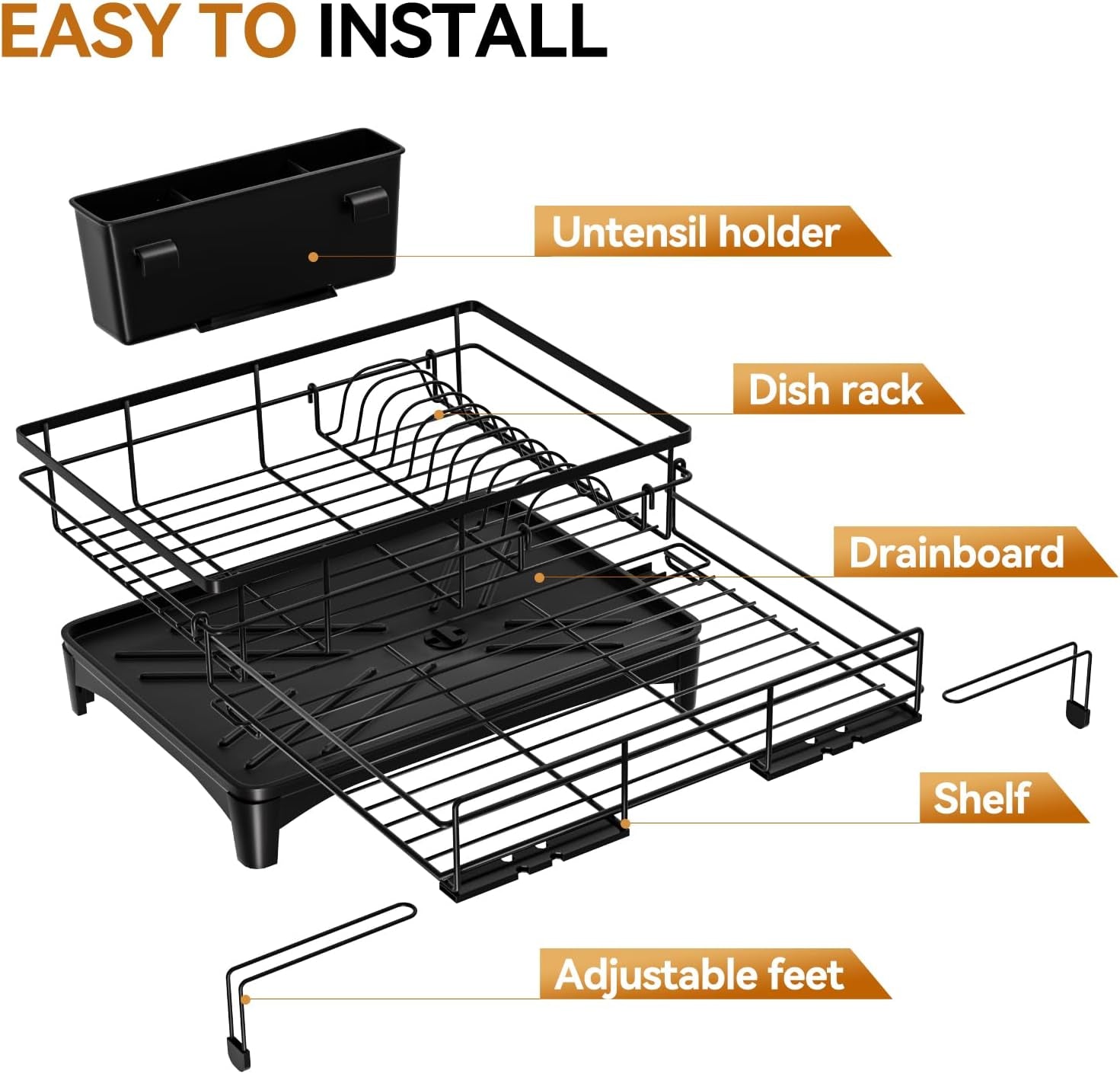 Dish Drying Rack - Expandable Rack, Large Capacity Dish Drainer for Kitchen Counter, Rust-Proof with Utensil Holder, Black