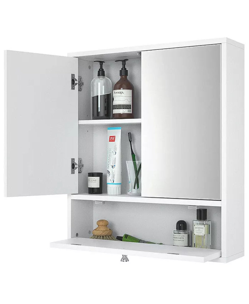 Double Door Wall-Mounted Bathroom Mirrored Medicine Cabinet-White