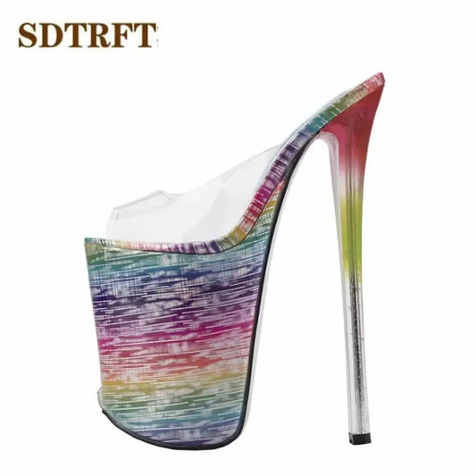 Shoes Woman Shallow Mouth Slipper Peep Toe 22Cm Thin Heels Wedding Pumps Sapato Feminino Transparent Stilettos US14 15 16