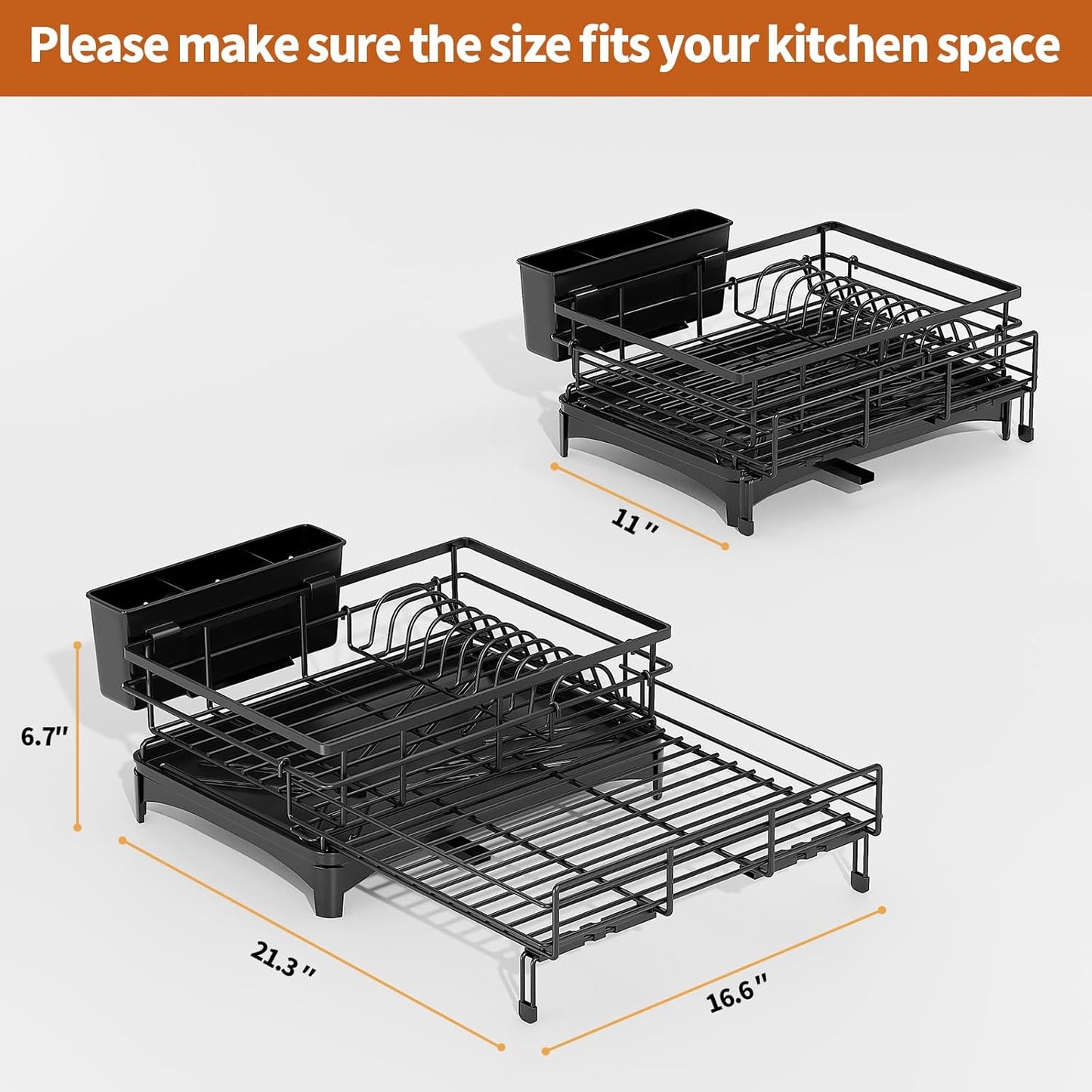 Dish Drying Rack - Expandable Rack, Large Capacity Dish Drainer for Kitchen Counter, Rust-Proof with Utensil Holder, Black
