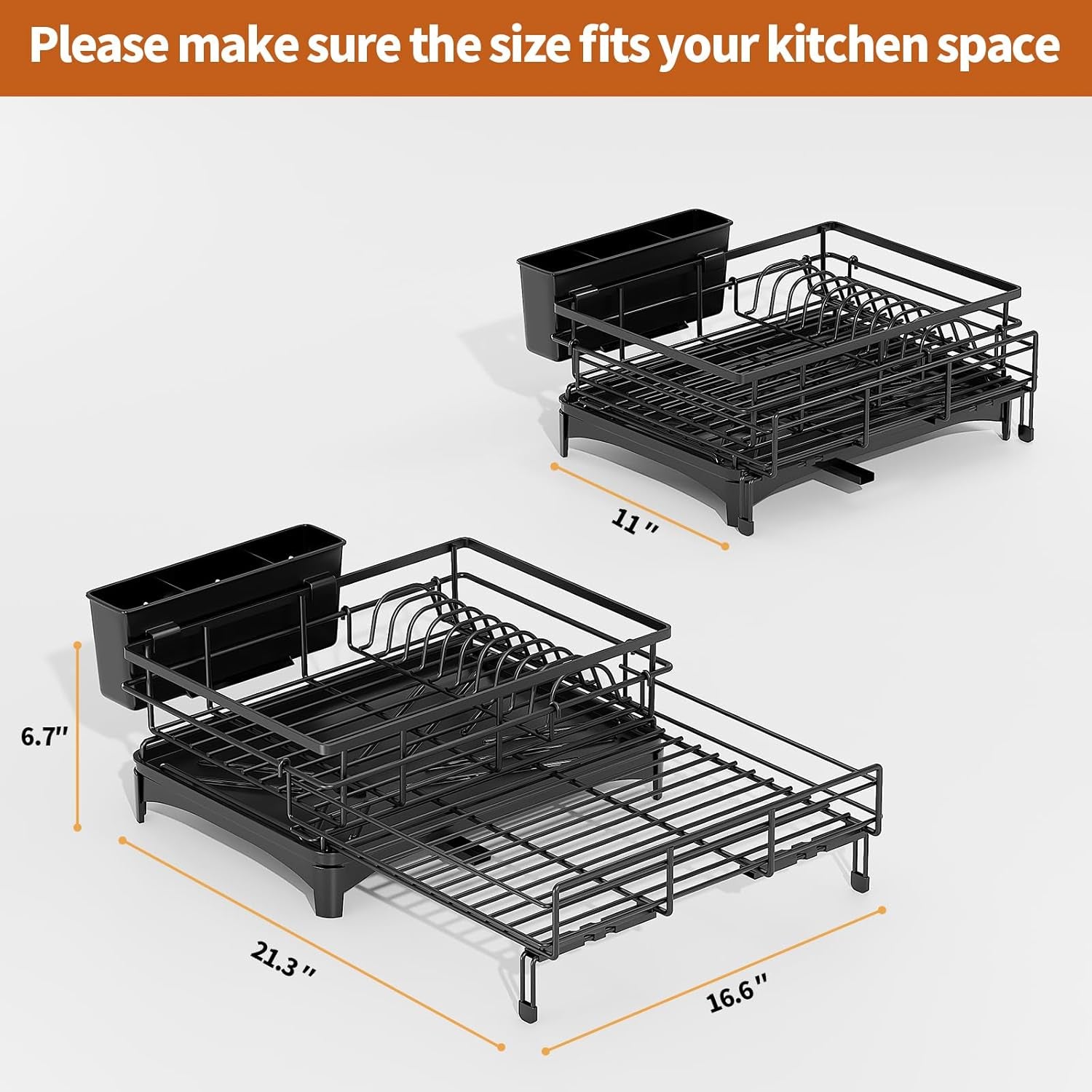 Dish Drying Rack - Expandable Rack, Large Capacity Dish Drainer for Kitchen Counter, Rust-Proof with Utensil Holder, Black