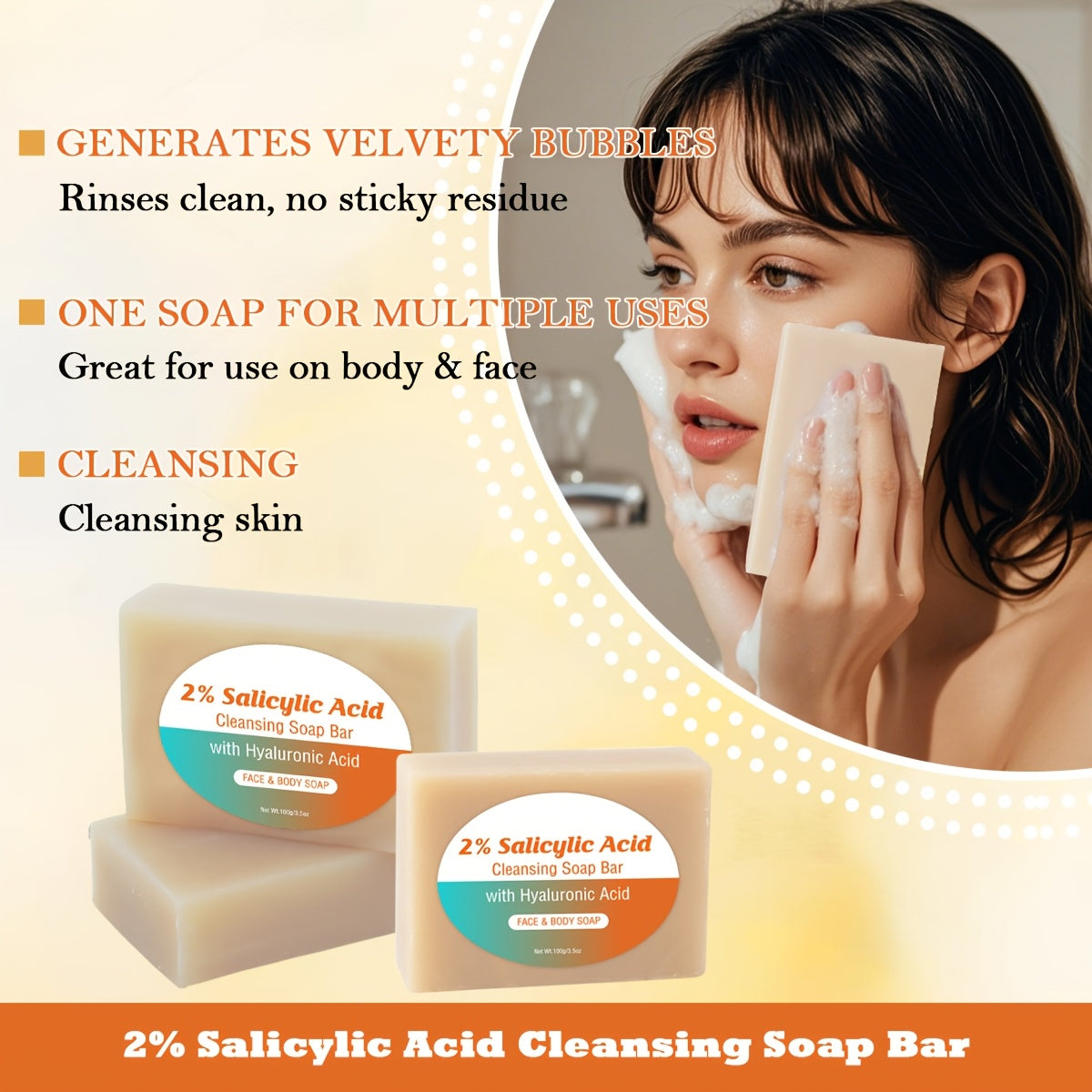 [Salicylic Acid Soap] 3pcs Salicylic Acid Cleansing Soap Bar | Contains Coconut Oil, 2% Salicylic Acid, Moisturize Light Beige, Make Light Beige Look Smoother And Firmer, Soap Foaming Net Equipped, 100G - Suitable for All Lig