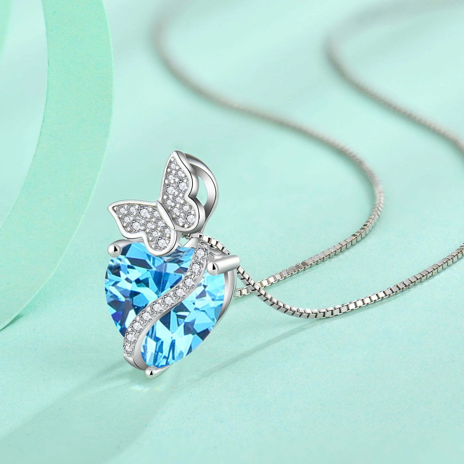 Sterling Silver March Birthstone Heart Necklace Butterfly Pendant Jewelry Gift for Women