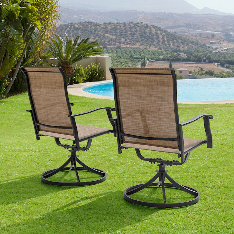 Outdoor 2-Piece Swivel Chair Set Set of 2 Black Iron Frame Swivel Dining Chair with Brown Solid Seat