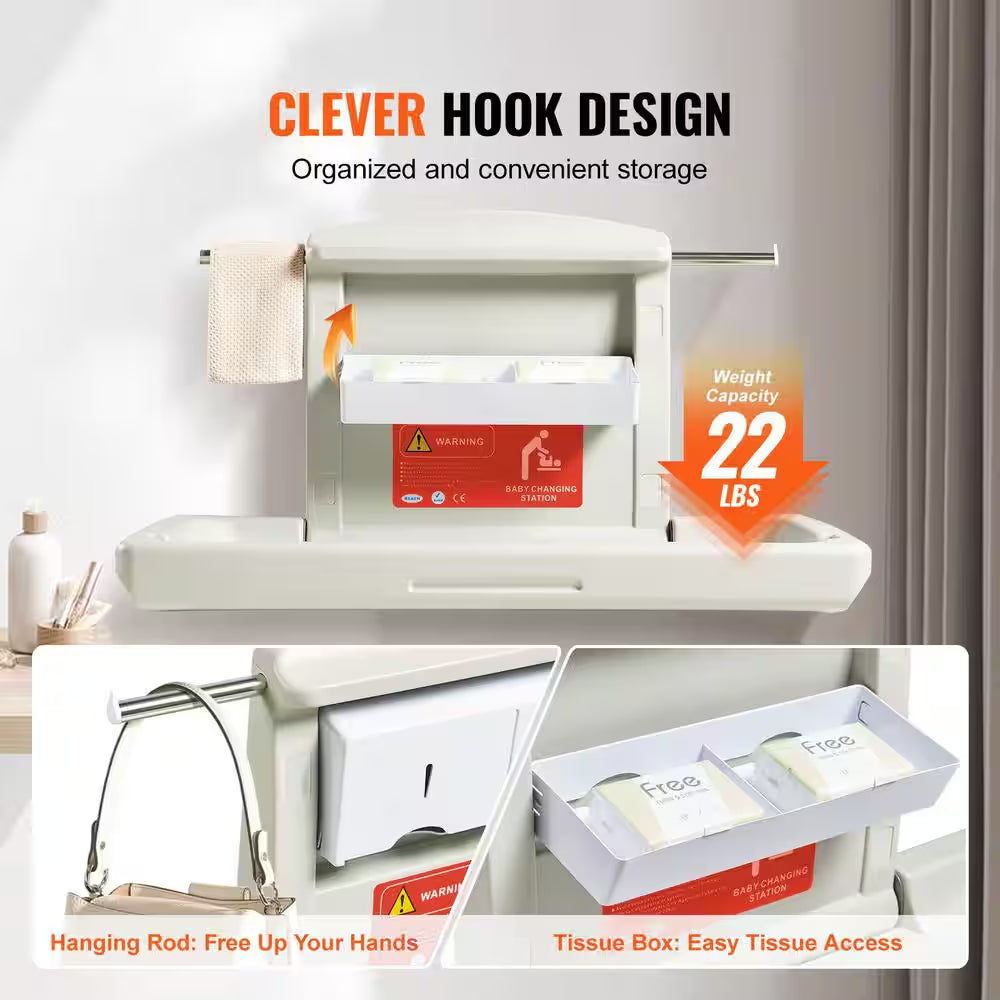 Wall-Mounted Baby Changing Station Horizontal Foldable Diaper Change Table Safety Straps and Hanging Rods