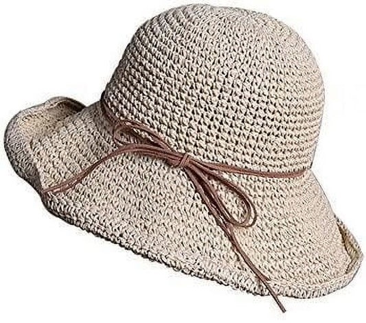 Womens Beach Sun Straw Hat Floppy Straw Sun Hat Travel Foldable Brim Summer Outdoor Sun Visor Hat for Women Girl Summer Outdoor Shade Tied Bow Foldable Hand-Woven,Beige