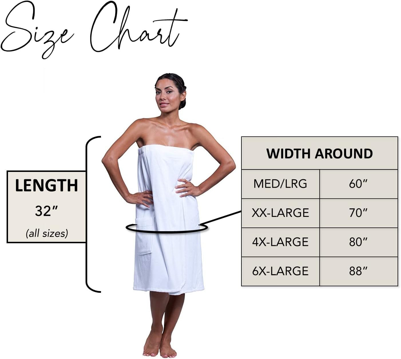 Womens Spa Wrap - 100% Cotton Spa, Shower, Bath and Gym Towel W Snaps, Towel Wrap for Women, White, Medium/Large