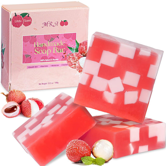 100% Natural Bar Soap for Moisturizing, Handmade & Organic Body Wash Soap Bar Face Soap for Sensitive Skin, Litchi Scent Glowing Skin Bath Soap Bars for Women & Men, 3 * 3.52OZ