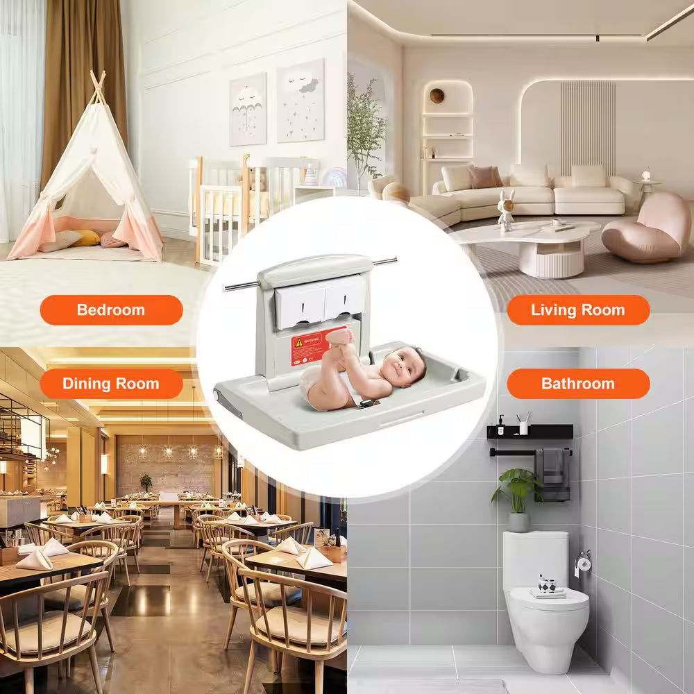 Wall-Mounted Baby Changing Station Horizontal Foldable Diaper Change Table Safety Straps and Hanging Rods