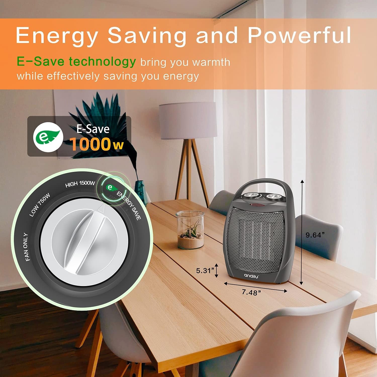 Compact Portable Ceramic Space Heater with Adjustable Comfort Control Thermostat, 3 Settings, Easy Handle, Great for Use in Home, Dorm, Office Desktop, and Kitchen, ETL for Safe (Grey)