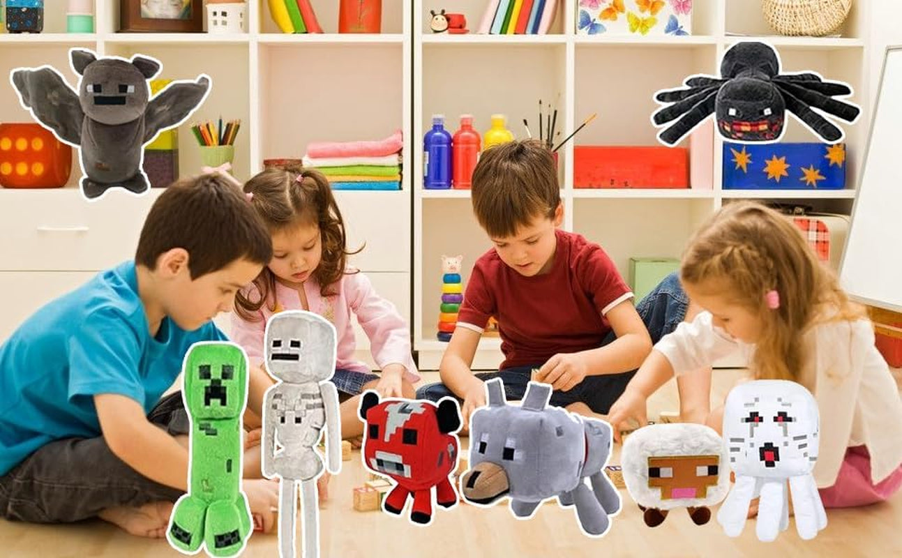 Creeper Plush,Baby Pig ，Baby Wolf，Spider,Bat,Skeleton Shooter,Sheepstuffed Animals Toys，Great Gift for Children and Fans.(8Pack)