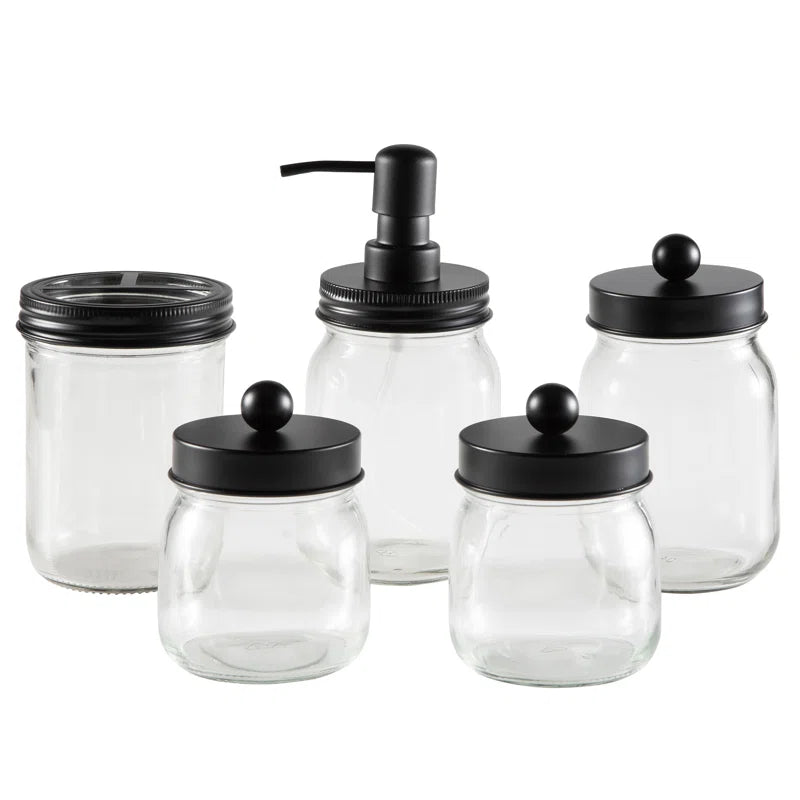 Mason Jar 5-Piece Bathroom Set with Toothbrush Holder, Soap Dispenser, Canister, & 2 Small Jars