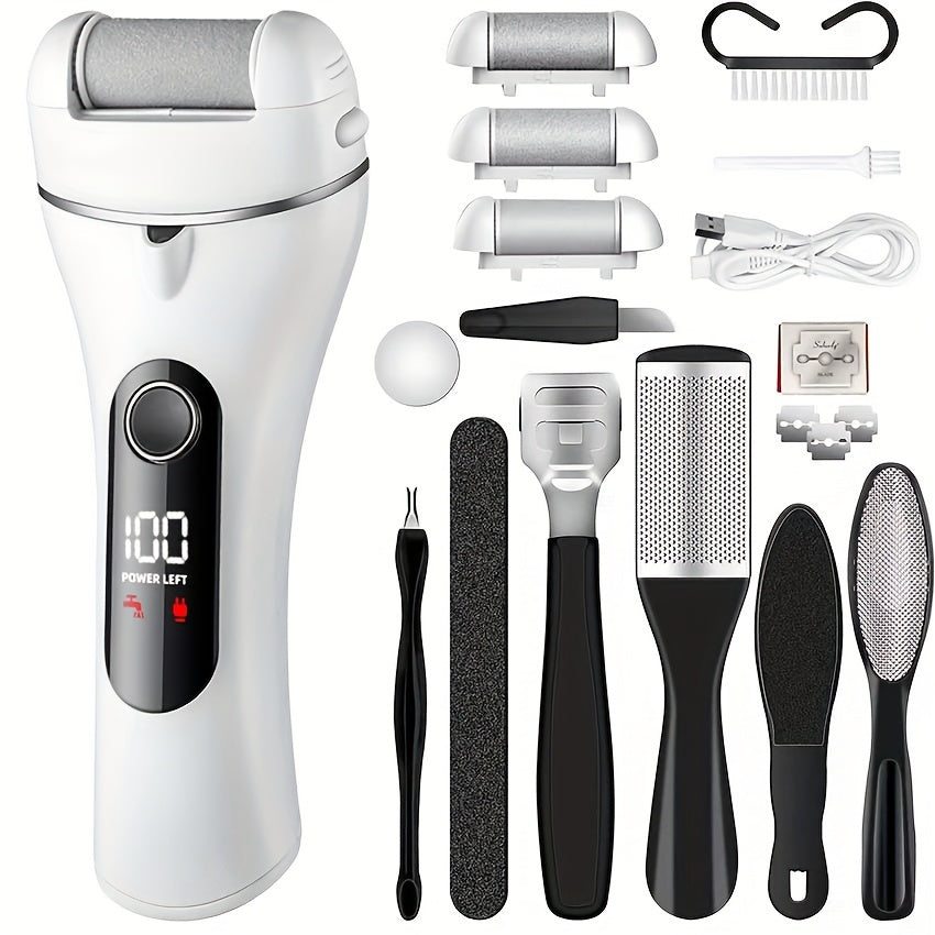 14-in-1 Deluxe Rechargeable Foot Callus Remover Kit - Callus Trimmers with 3 Rollers, 2 Speed, Foot File, Foot Scrubber, Battery Display for Effortless Dry and Hard Skin Removal at Home