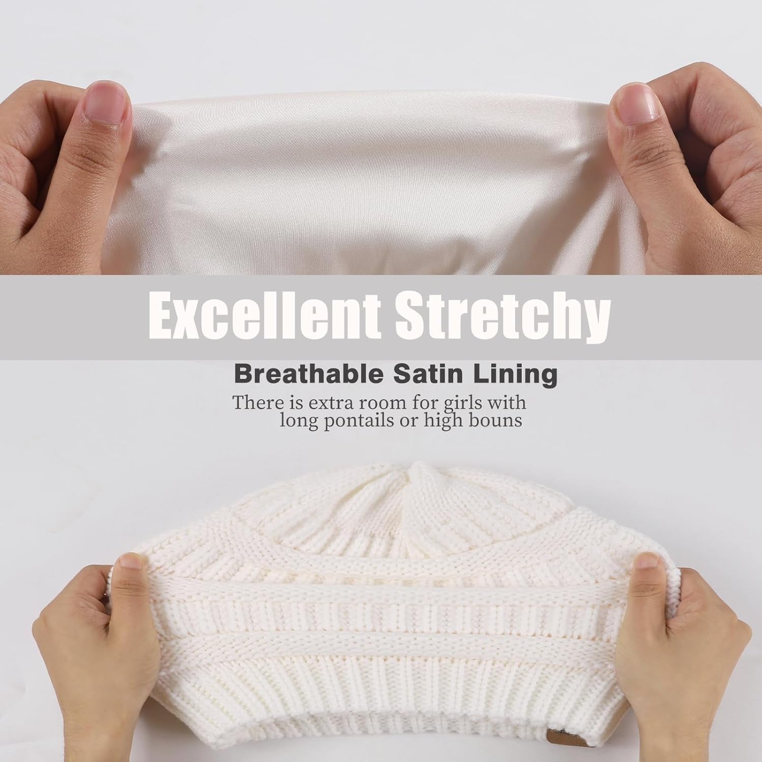 Womens Satin Lined Winter Beanie Hats Cable Knit Beanie for Men Silk Lining Thick Chunky Cap Soft Slouchy Warm Hat
