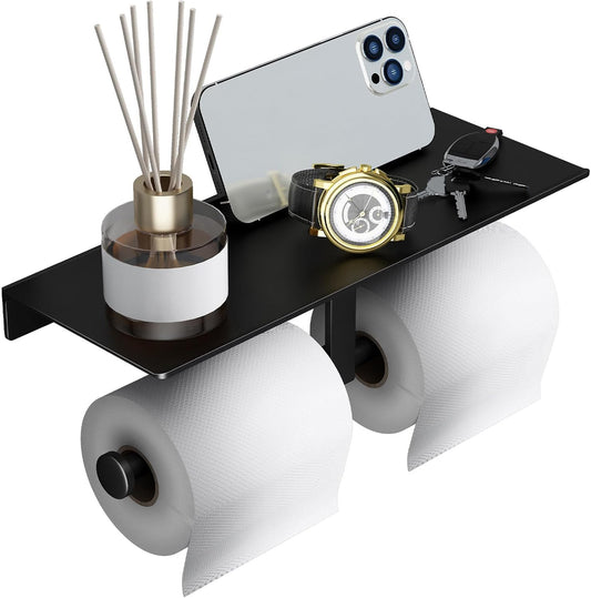 Matte Black Toilet Paper Holder with Shelf, Wall-Mounted Bathroom Organizer, Double Roll