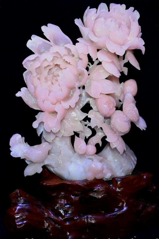 Majestic Pink Xiu Jade Peony Carving 14-inch
